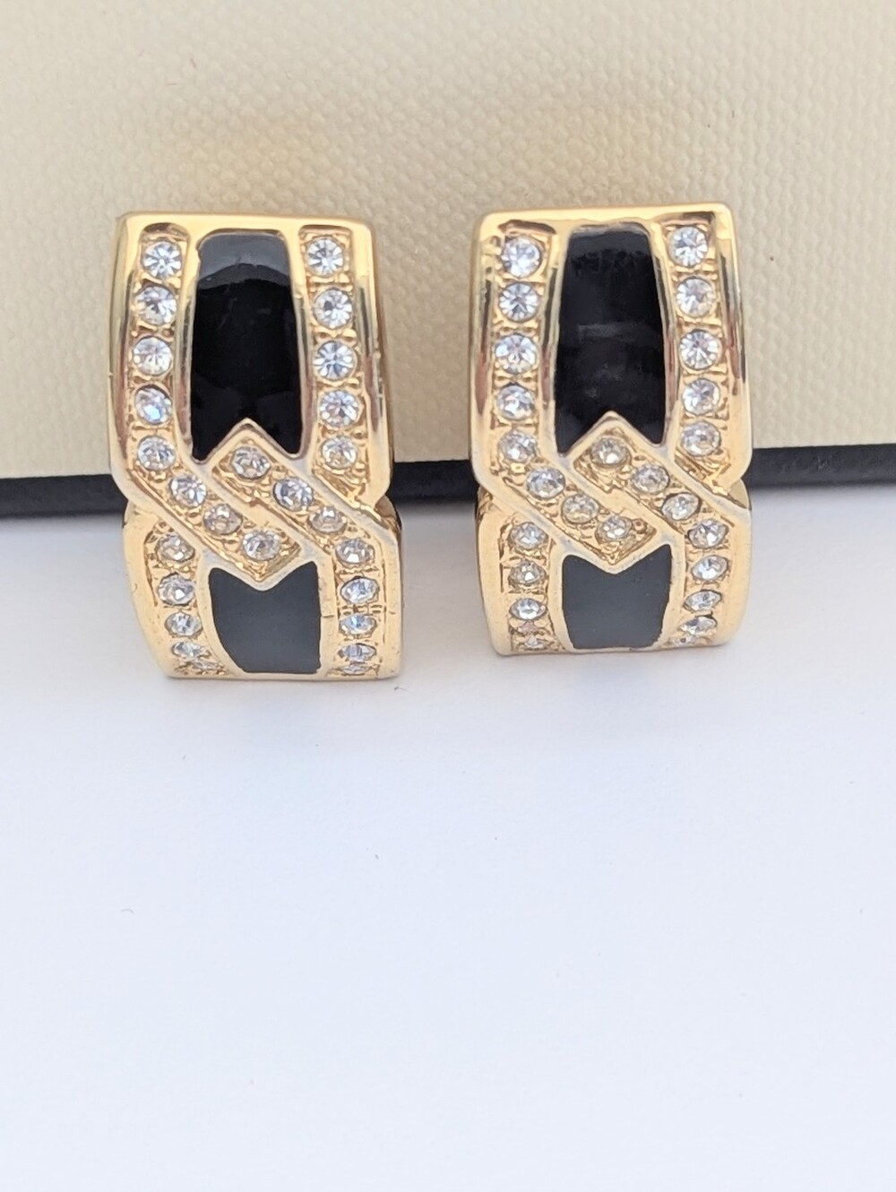 Vintage Gold-Tone Black Enamel & Pave Rhinestone Clip-On Earrings